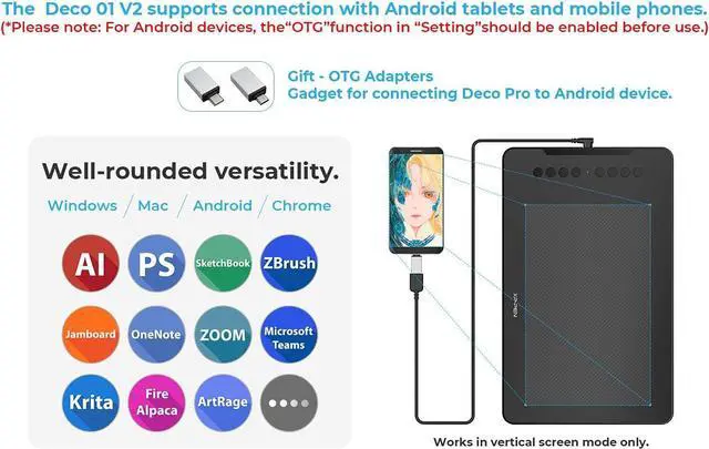 Alt view image 5 of 7 - XPPen Deco 01 V2 Drawing Tablet 10x6.25 Inch Graphics Tablet Digital Drawing Tablet for Chromebook with Battery-Free Stylus and 8 Shortcut Keys (8192 Levels Pressure)
