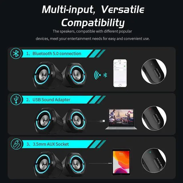Alt view image 4 of 6 - Bluetooth 5.3 Gaming Speakers,10W PC USB Computer Speakers for Laptop Desktop 3.5mm aux Input Hecate G1000 Black
