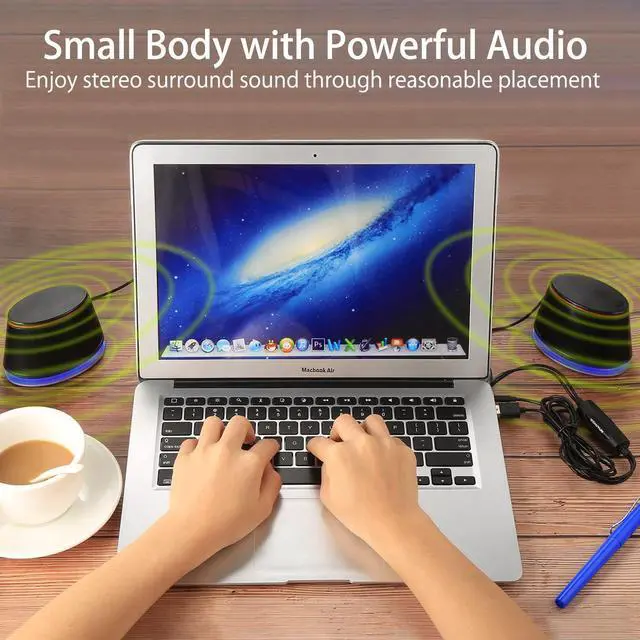 Alt view image 6 of 7 - SW102 Computer Speakers, 5Wx2, Deep Bass in Small Body, Stereo 2.0 USB Powered 3.5mm Aux Multimedia Speakers, Built-in Bottom Bass Radiators, PC Laptop Desktop Speakers, Black