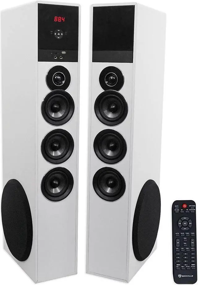 Main image of Rockville TM150W Powered Home Theater Tower Speaker System, White, 1000W, 10" Subwoofers, Bluetooth, USB/SD Playback, FM Radio, Remote Control, Karaoke Ready, Perfect for Home Entertainment