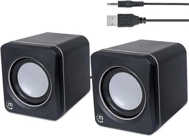 Main image of USB Powered Stereo Speaker System - Small Size - with Volume Control & 3.5 mm Audio Plug to Connect to Laptop, Notebook, Desktop, Computer - 3 Yr Mfg Warranty - Black Silver, 166898