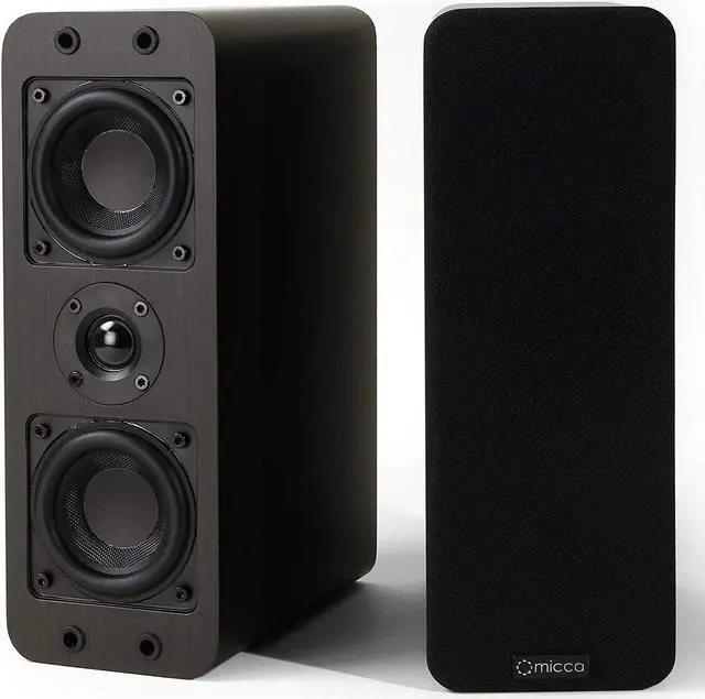 Main image of Micca OoO Passive Slim Bookshelf Speakers with 3-Inch Woofers and Silk Tweeter, Thin Design Under 4" Wide, for Desktop Stereo or Home Theater Surround Sound, Wall Mountable, Pair, Dark Walnut