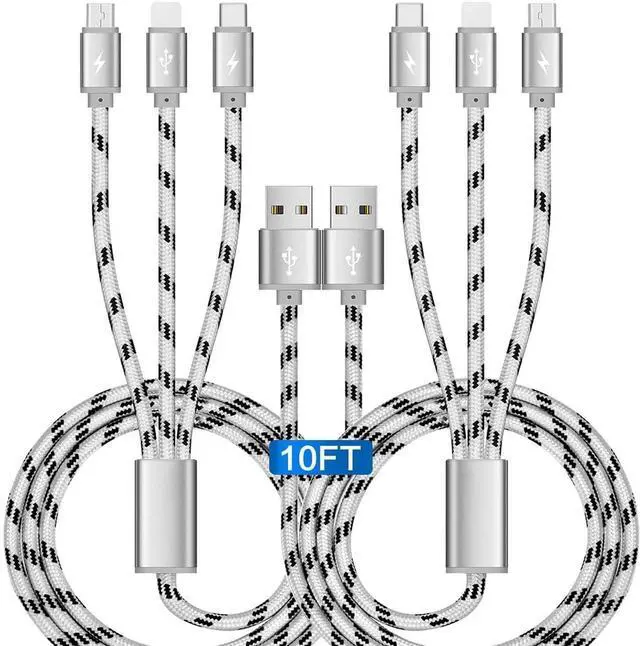 Main image of 10Ft Multi Charging Cable 3A, 2Pack Braided Fast Charging 3-in-1 Multiple Charger Cable with IP/Micro USB/Type C Adapter Port for Cell Phones/iPhone 17 16 15 14 13/ Samsung/Pixel/Tablet and More