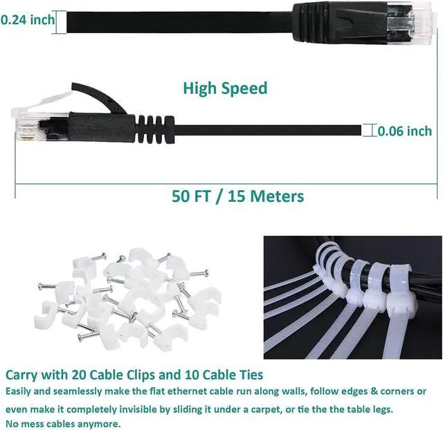 Alt view image 4 of 7 - Ethernet Cable 50 ft, Cat 6 LAN Cable Ethernet Cord, Slim Long Flat Computer Internet Patch Cord Wire with Clips & Rj45 Connectors for Router, Faster Than Cat5e/Cat5 (50ft Black)