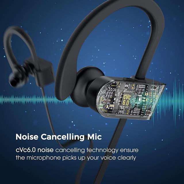 Alt view image 6 of 7 - Bluetooth Headphones, Deep Bass Wireless Running Headphones w/16 Hrs Playtime, Bluetooth Earbuds in-Ear w/Earhooks, IPX7 Waterproof Sports Earphones with Microphone for Calls