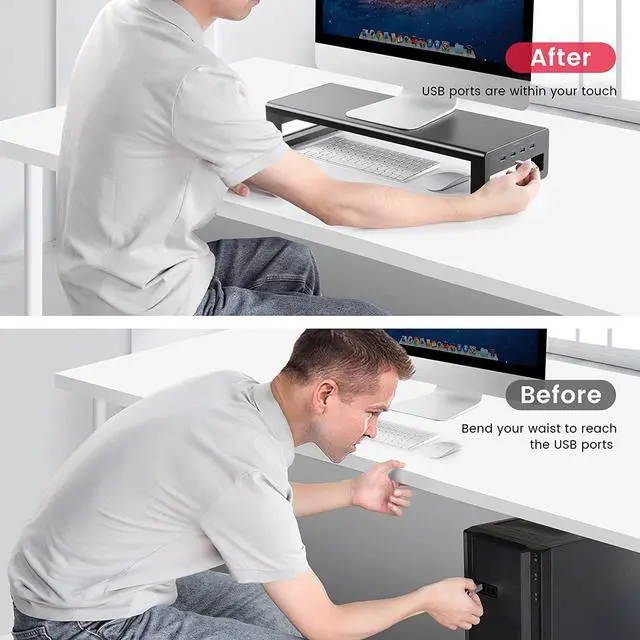 Alt view image 3 of 7 - Vaydeer USB 3.0 Monitor Stand, Metal Monitor Riser with Hub, Support Transfer Data, Keyboard and Mouse Storage Desk Organizer for Laptop,Computer,Notebook,MacBook(Monitor Size Up to 27 inches)