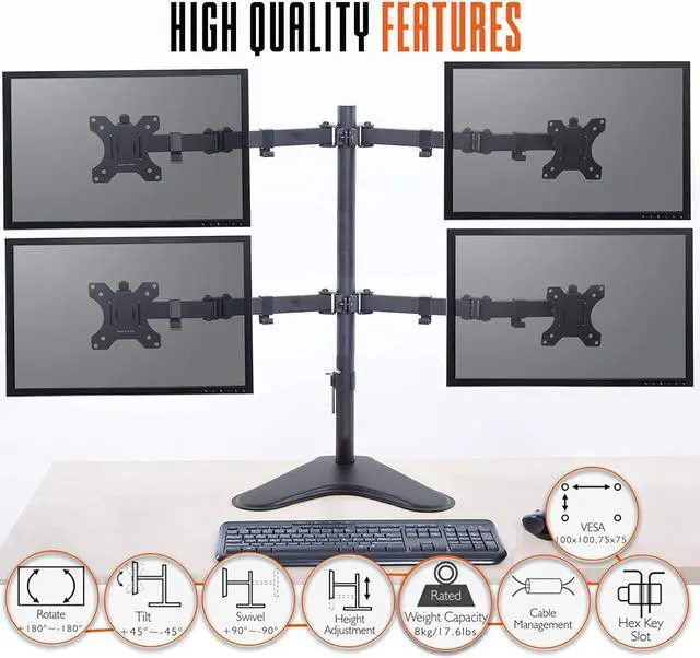 Alt view image 3 of 7 - Stand Steady 4-Monitor Mount | Height-Adjustable Stand with Stabilizing Base - Fits Most LCD/LED Monitors 17-32 in (Black)