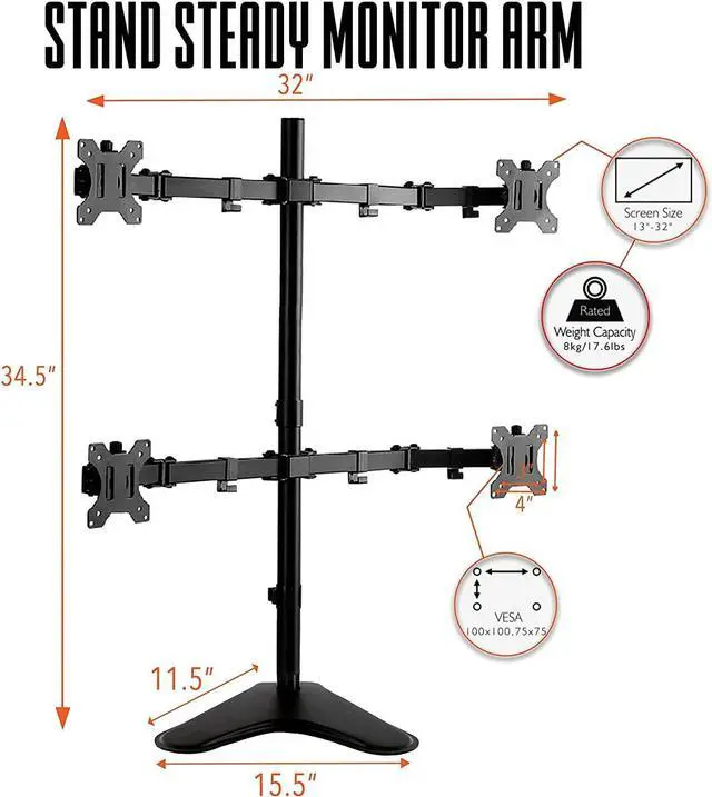 Alt view image 6 of 7 - Stand Steady 4-Monitor Mount | Height-Adjustable Stand with Stabilizing Base - Fits Most LCD/LED Monitors 17-32 in (Black)