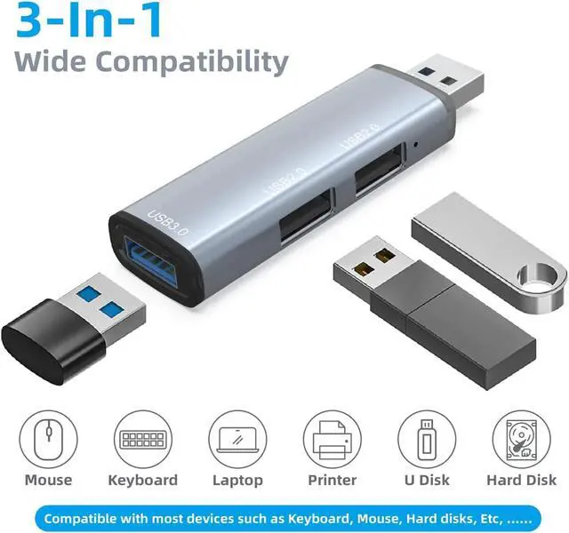 Alt view image 2 of 7 - USB 3.0 Hub Splitter, 3-Port Data USB Hub Extender with USB C Adapter Applicable for iMac Pro, MacBook Air, Mac Mini/Pro, Surface Pro, Notebook PC, Laptop, USB Flash Drive, grey (106)