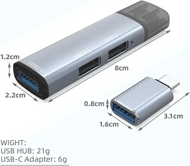 Alt view image 3 of 7 - USB 3.0 Hub Splitter, 3-Port Data USB Hub Extender with USB C Adapter Applicable for iMac Pro, MacBook Air, Mac Mini/Pro, Surface Pro, Notebook PC, Laptop, USB Flash Drive, grey (106)