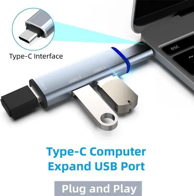 Alt view image 4 of 7 - USB 3.0 Hub Splitter, 3-Port Data USB Hub Extender with USB C Adapter Applicable for iMac Pro, MacBook Air, Mac Mini/Pro, Surface Pro, Notebook PC, Laptop, USB Flash Drive, grey (106)