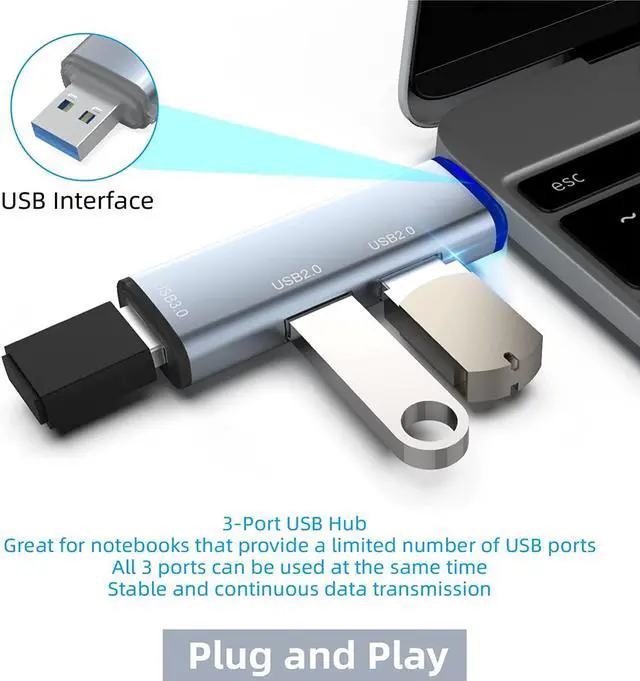 Alt view image 5 of 7 - USB 3.0 Hub Splitter, 3-Port Data USB Hub Extender with USB C Adapter Applicable for iMac Pro, MacBook Air, Mac Mini/Pro, Surface Pro, Notebook PC, Laptop, USB Flash Drive, grey (106)