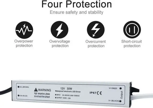 Alt view image 2 of 7 - inShareplus LED Power Supply, 30W IP67 Waterproof Outdoor Driver,AC 90-265V to DC 12V 2.5A Low Voltage Transformer, Adapter with 3-Prong Plug for LED Light, Computer Project, Outdoor Use