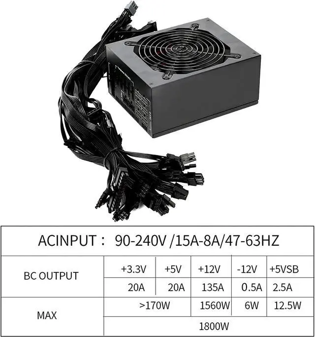 Alt view image 7 of 7 - 1800W Mining Power Supply Support 8 GPUs GPU Mining Rig, ETH Miner, Active PFC, PC 1800W Full Modular Mining Power Supply PSU for 8 GPU ETH Rig Ethereum Miner Designed for US Voltage 110V