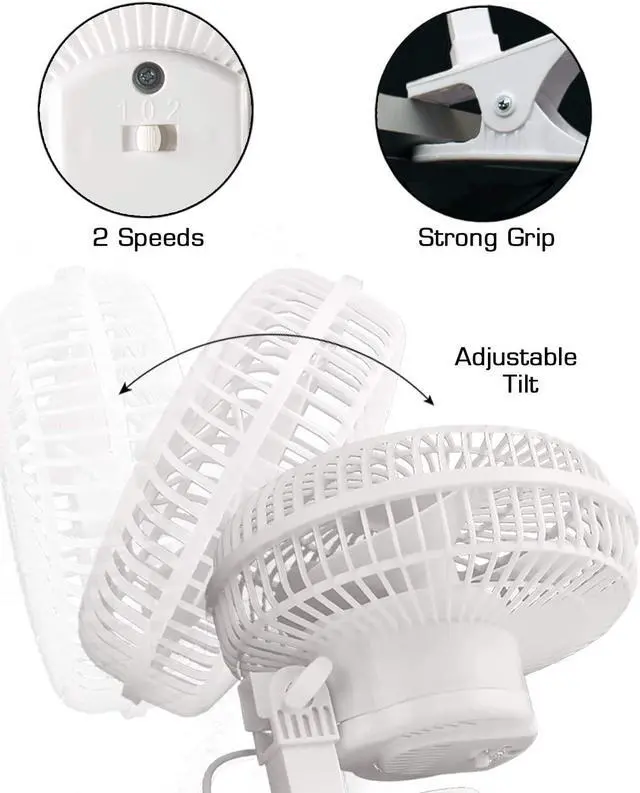 Alt view image 6 of 7 - Hurricane Classic Clip Fan with Tilt, 2 Speeds, White, 6in