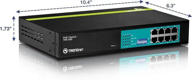 Alt view image 3 of 6 - TRENDnet 8-Port 10/100Mbps GREENnet PoE+ Switch, 30 W Per Port, Up to 15.4 W Per Port with 250 W Total Power Budget, Lifetime Protection, TPE-T80