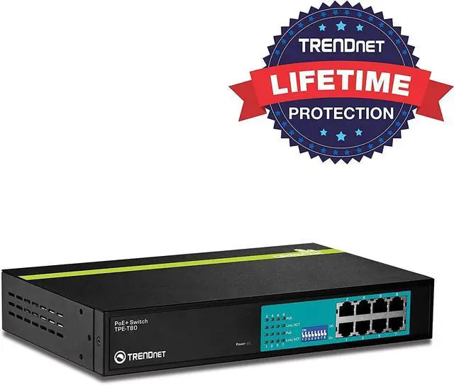 Alt view image 2 of 6 - TRENDnet 8-Port 10/100Mbps GREENnet PoE+ Switch, 30 W Per Port, Up to 15.4 W Per Port with 250 W Total Power Budget, Lifetime Protection, TPE-T80