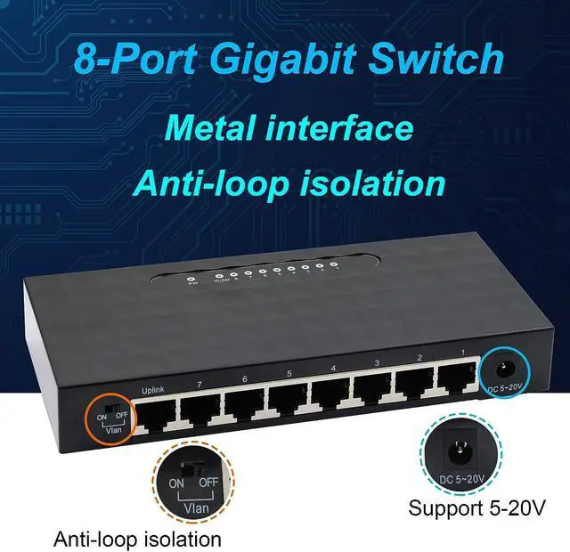 Alt view image 5 of 6 - 8 Port Gigabit SwitchUnmanaged 10/100/1000Mbps Network Hub Ethernet Splitter,Plug and Play,Quiet Fanless,for Office and Home Entertainment.