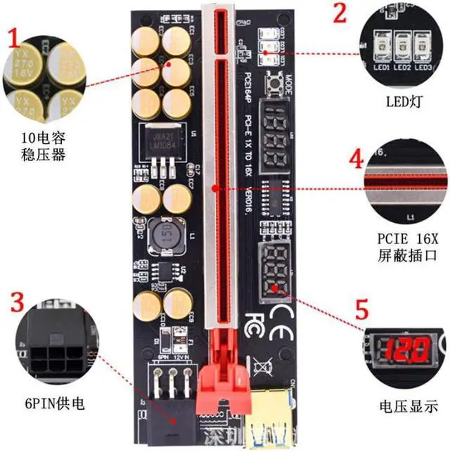 Alt view image 4 of 5 - New PCI-E1X to 16X video card extension cable VER016 PCI-E1X to 16X video card adapter card