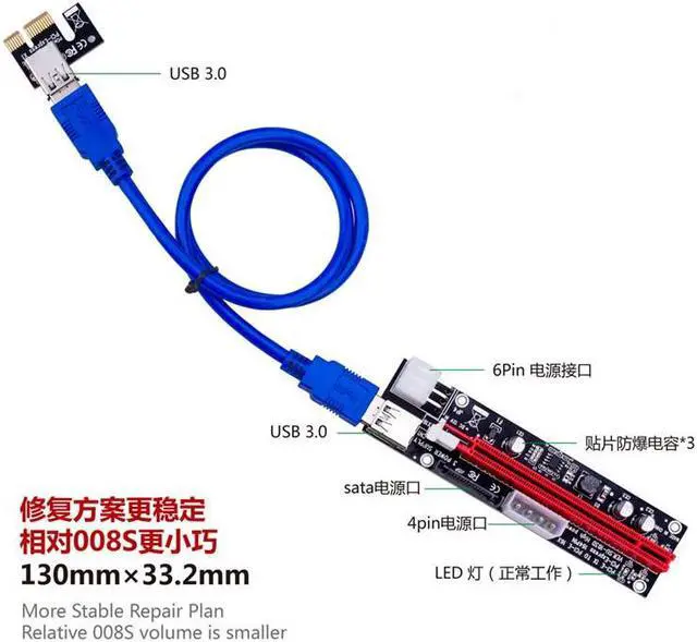 Alt view image 3 of 5 - PCI-E port extension PCIEX1-X16 video card extension cable USB3.0 adapter card 3-in-1 Power supply 6-PIN