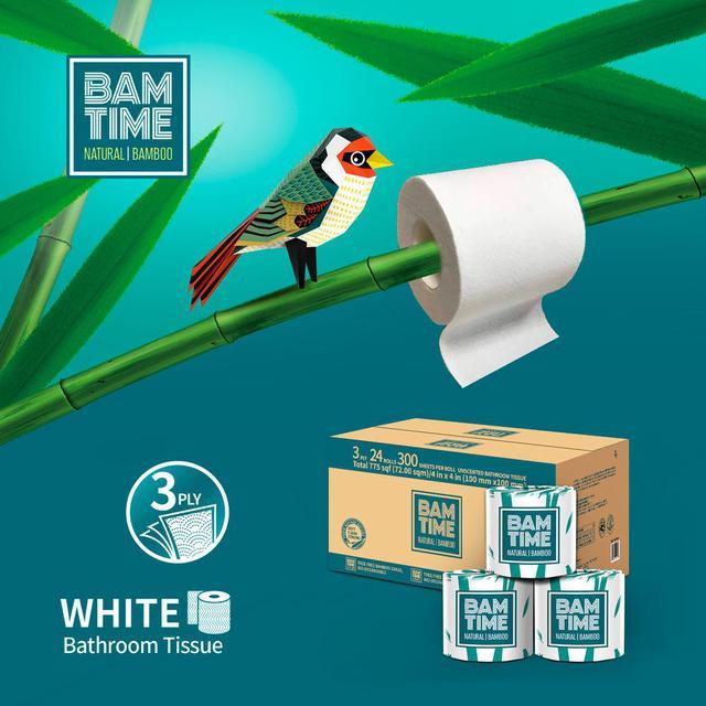 BAMTIME 100% Bamboo 3-Ply Toilet Paper 24 Rolls per Carton 