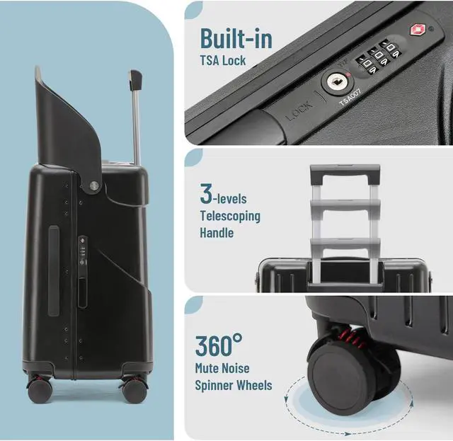 Alt view image 4 of 7 - Apelila Hardside 22- Inch Luggage with Child Seat, Lockable 4- Spinner Wheels with TSA Approved Lock Travel Suitcase with Seat for Kids in 2-15 Years Black