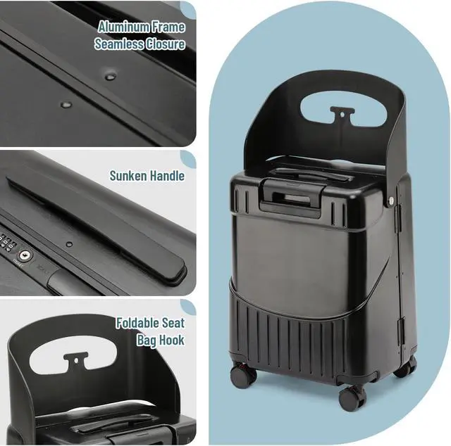 Alt view image 5 of 7 - Apelila Hardside 22- Inch Luggage with Child Seat, Lockable 4- Spinner Wheels with TSA Approved Lock Travel Suitcase with Seat for Kids in 2-15 Years Black