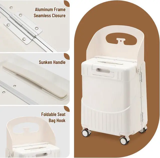 Alt view image 4 of 7 - Apelila Hardside 22- Inch Luggage with Child Seat, Lockable 4- Spinner Wheels with TSA Approved Lock Travel Suitcase with Seat for Kids in 2-15 Years White
