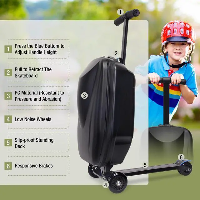 Alt view image 5 of 7 - Scooter Hardshell Ride On Luggage for Kids and Adults,Multifunctional 2-in-1 Lightweight Carry On Foldable Suitcase