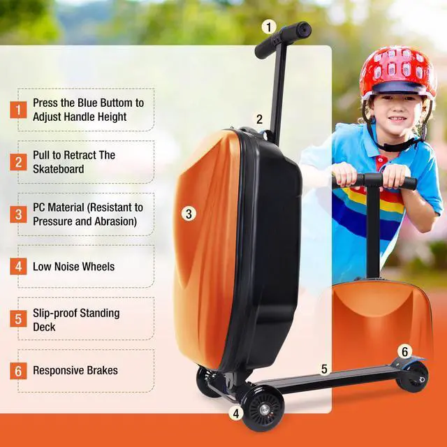 Alt view image 5 of 7 - Apelila 20" Scooter Suitcase for Kids, 2-in-1 Ride On Luggage with Wheels for Boys & Girls Ages 4-15, Foldable Hardshell Carry On Lightweight Travel Suitcase for Airplane