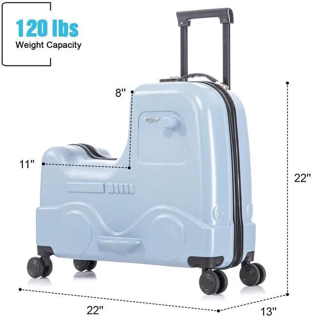 Alt view image 6 of 7 - Apelila 22 inch Ride on Suitcase for Kids Travel Trolley Luggage with Spinner Wheels for Child with Combination Lock/Safety Belt/Telescoping Handle Blue