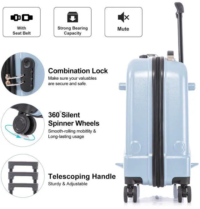 Alt view image 3 of 7 - Apelila 22 inch Ride on Suitcase for Kids Travel Trolley Luggage with Spinner Wheels for Child with Combination Lock/Safety Belt/Telescoping Handle Blue