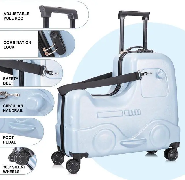 Alt view image 2 of 7 - Apelila 22 inch Ride on Suitcase for Kids Travel Trolley Luggage with Spinner Wheels for Child with Combination Lock/Safety Belt/Telescoping Handle Blue