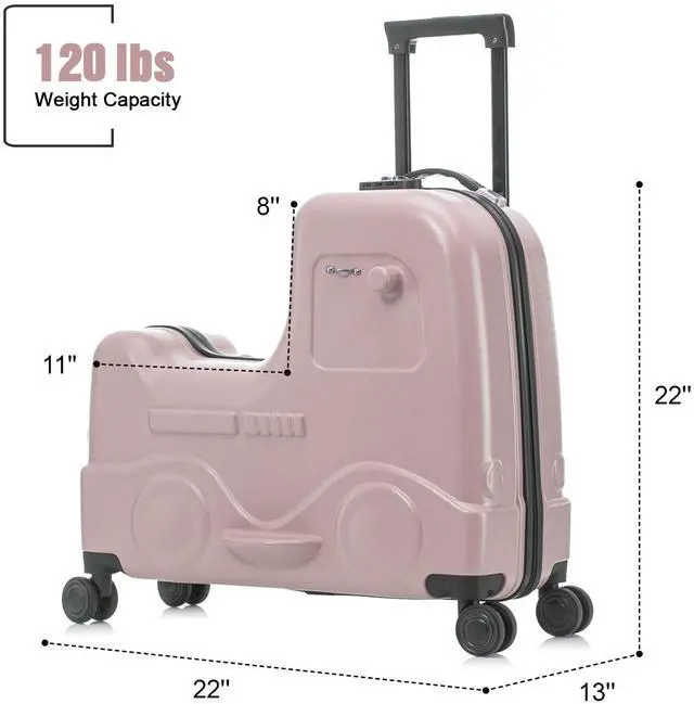 Alt view image 6 of 7 - Apelila 22 inch Ride on Suitcase for Kids Travel Trolley Luggage with Spinner Wheels for Child with Combination Lock/Safety Belt/Telescoping Handle Pink