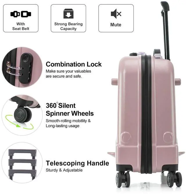 Alt view image 3 of 7 - Apelila 22 inch Ride on Suitcase for Kids Travel Trolley Luggage with Spinner Wheels for Child with Combination Lock/Safety Belt/Telescoping Handle Pink