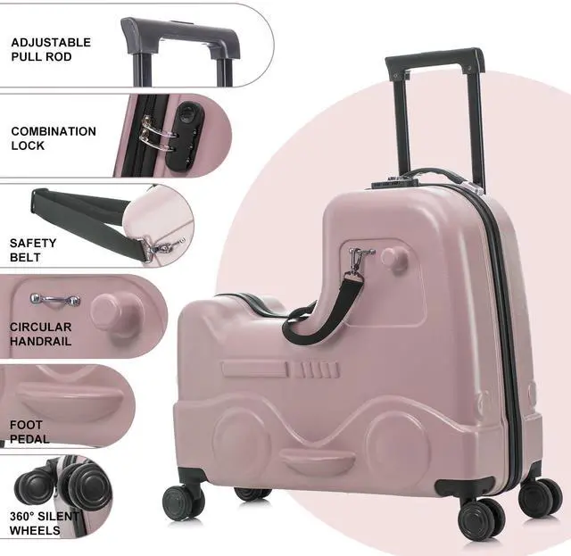 Alt view image 2 of 7 - Apelila 22 inch Ride on Suitcase for Kids Travel Trolley Luggage with Spinner Wheels for Child with Combination Lock/Safety Belt/Telescoping Handle Pink