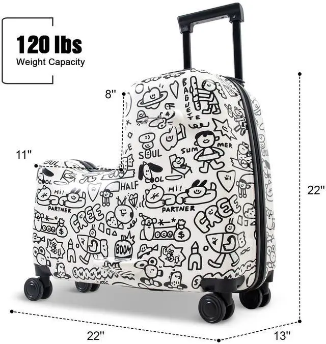 Alt view image 5 of 7 - Apelila 22 inch Ride on Suitcase for Kids Travel Trolley Luggage with Spinner Wheels for Child with Combination Lock/Safety Belt/Telescoping Handle DIY Coloring