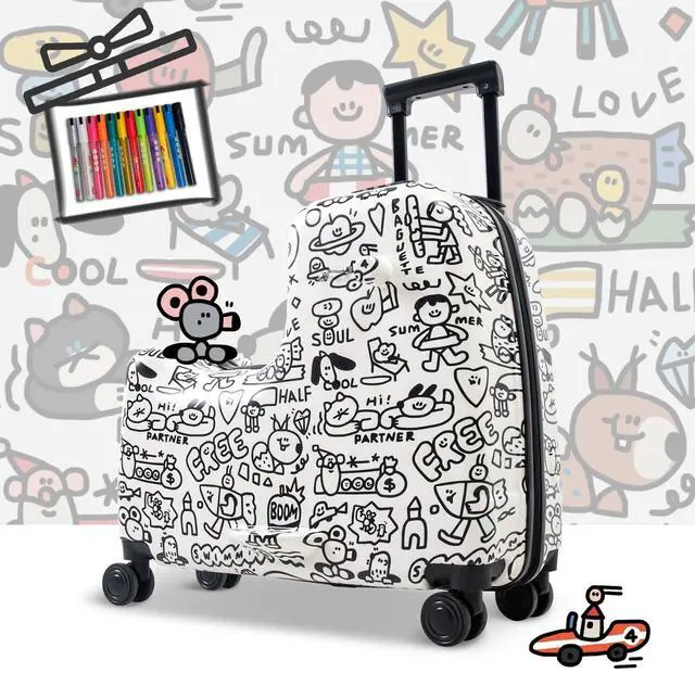 Main image of Apelila 22 inch Ride on Suitcase for Kids Travel Trolley Luggage with Spinner Wheels for Child with Combination Lock/Safety Belt/Telescoping Handle DIY Coloring
