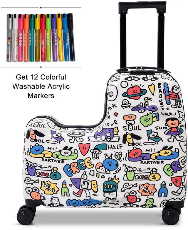 Alt view image 2 of 7 - Apelila 22 inch Ride on Suitcase for Kids Travel Trolley Luggage with Spinner Wheels for Child with Combination Lock/Safety Belt/Telescoping Handle DIY Coloring