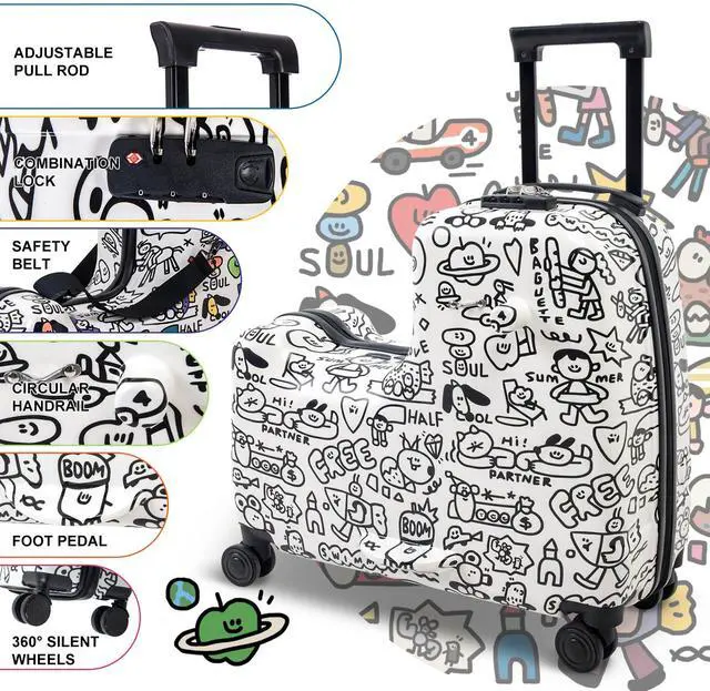 Alt view image 3 of 7 - Apelila 22 inch Ride on Suitcase for Kids Travel Trolley Luggage with Spinner Wheels for Child with Combination Lock/Safety Belt/Telescoping Handle DIY Coloring