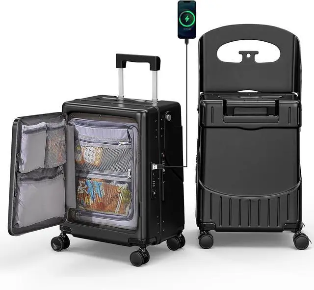 Main image of Apelila 20" Hardshell Carry On Suitcase with  Seat, Black Travel Luggage with Front Compartment & 4 Lockable Spinner Wheels, TSA Lock, USB Port, Luggage Cover, Safty Seatbelt