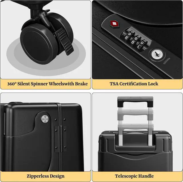 Alt view image 3 of 7 - Apelila 20" Hardshell Carry On Suitcase with  Seat, Black Travel Luggage with Front Compartment & 4 Lockable Spinner Wheels, TSA Lock, USB Port, Luggage Cover, Safty Seatbelt