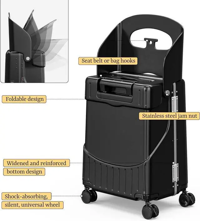 Alt view image 6 of 7 - Apelila 20" Hardshell Carry On Suitcase with  Seat, Black Travel Luggage with Front Compartment & 4 Lockable Spinner Wheels, TSA Lock, USB Port, Luggage Cover, Safty Seatbelt