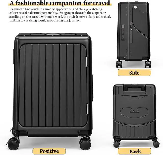 Alt view image 5 of 7 - Apelila 20" Hardshell Carry On Suitcase with  Seat, Black Travel Luggage with Front Compartment & 4 Lockable Spinner Wheels, TSA Lock, USB Port, Luggage Cover, Safty Seatbelt