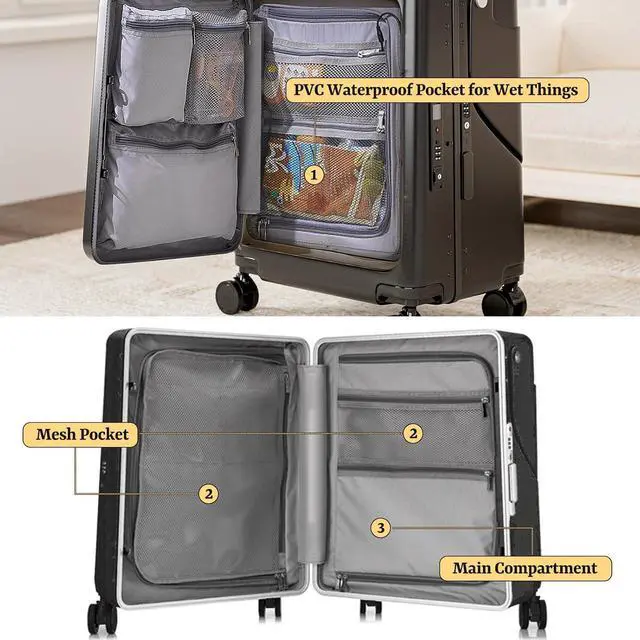 Alt view image 4 of 7 - Apelila 20" Hardshell Carry On Suitcase with  Seat, Black Travel Luggage with Front Compartment & 4 Lockable Spinner Wheels, TSA Lock, USB Port, Luggage Cover, Safty Seatbelt