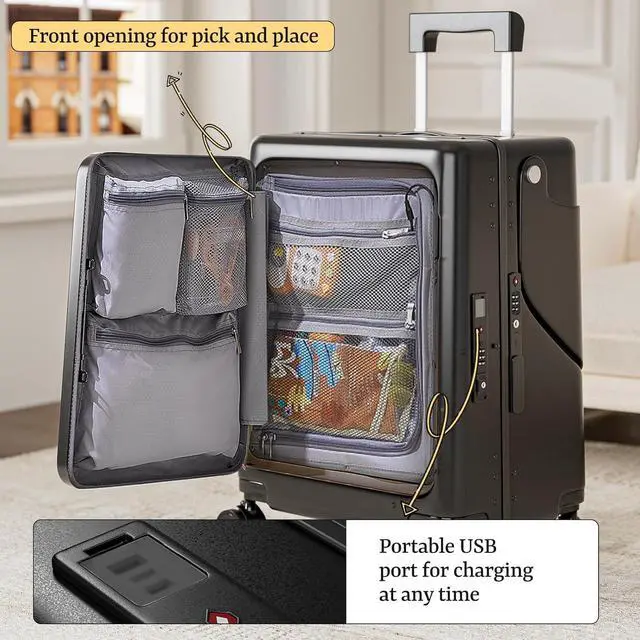 Alt view image 7 of 7 - Apelila 20" Hardshell Carry On Suitcase with  Seat, Black Travel Luggage with Front Compartment & 4 Lockable Spinner Wheels, TSA Lock, USB Port, Luggage Cover, Safty Seatbelt