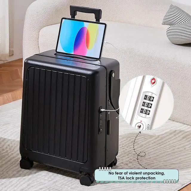 Alt view image 2 of 7 - Apelila 20" Hardshell Carry On Suitcase with  Seat, Black Travel Luggage with Front Compartment & 4 Lockable Spinner Wheels, TSA Lock, USB Port, Luggage Cover, Safty Seatbelt