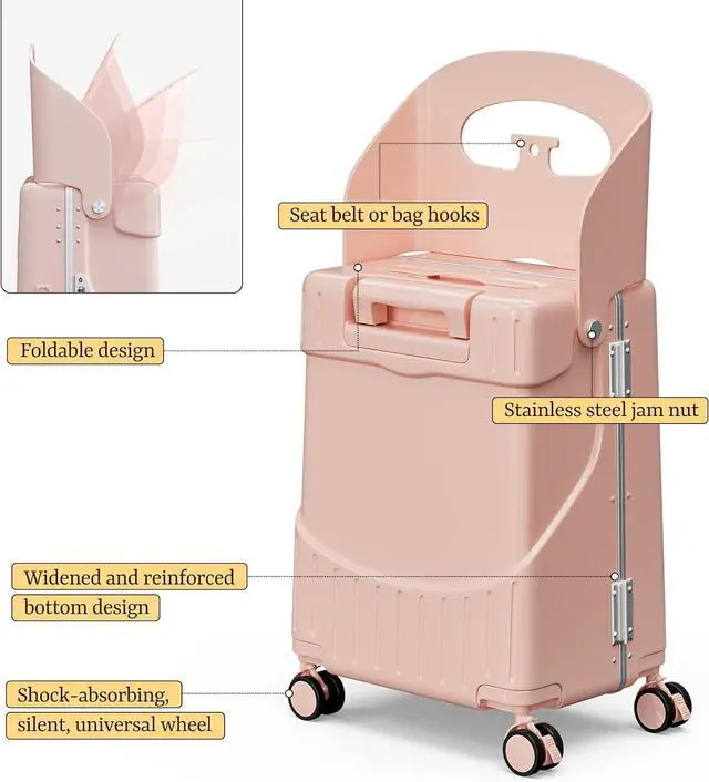 Alt view image 3 of 7 - Apelila 20" Hardshell Carry On Suitcase with Seat, Black Travel Luggage with Front Compartment & 4 Lockable Spinner Wheels, TSA Lock, USB Port, Luggage Cover, Safty Seatbelt Pink