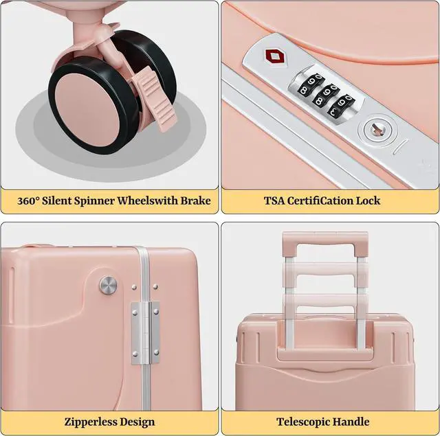 Alt view image 4 of 7 - Apelila 20" Hardshell Carry On Suitcase with Seat, Black Travel Luggage with Front Compartment & 4 Lockable Spinner Wheels, TSA Lock, USB Port, Luggage Cover, Safty Seatbelt Pink
