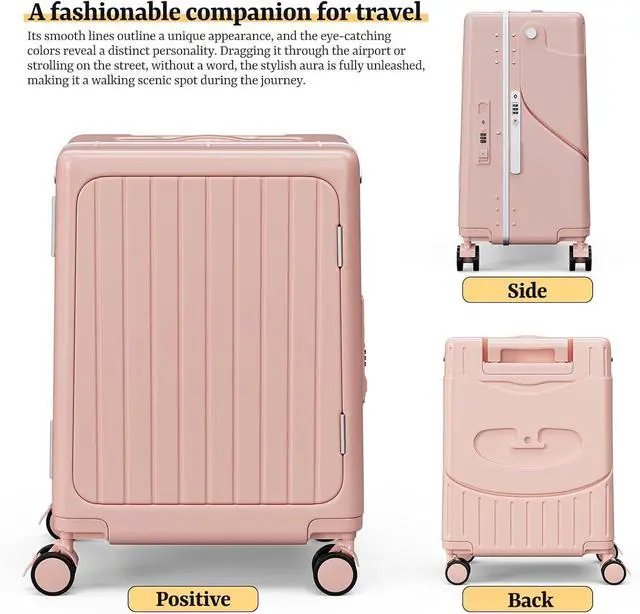Alt view image 5 of 7 - Apelila 20" Hardshell Carry On Suitcase with Seat, Black Travel Luggage with Front Compartment & 4 Lockable Spinner Wheels, TSA Lock, USB Port, Luggage Cover, Safty Seatbelt Pink
